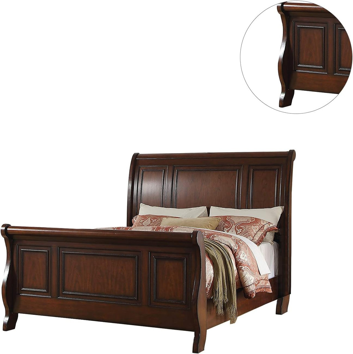 Queen Size Pine Wood Sleigh Bed