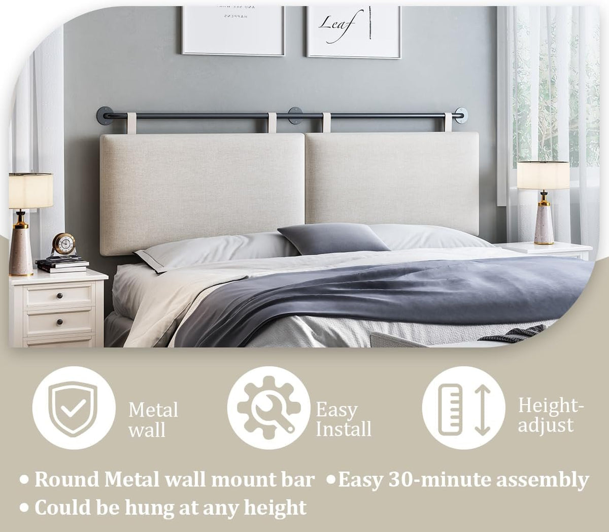 Queen Beige Linen Wall‑Mounted Headboard