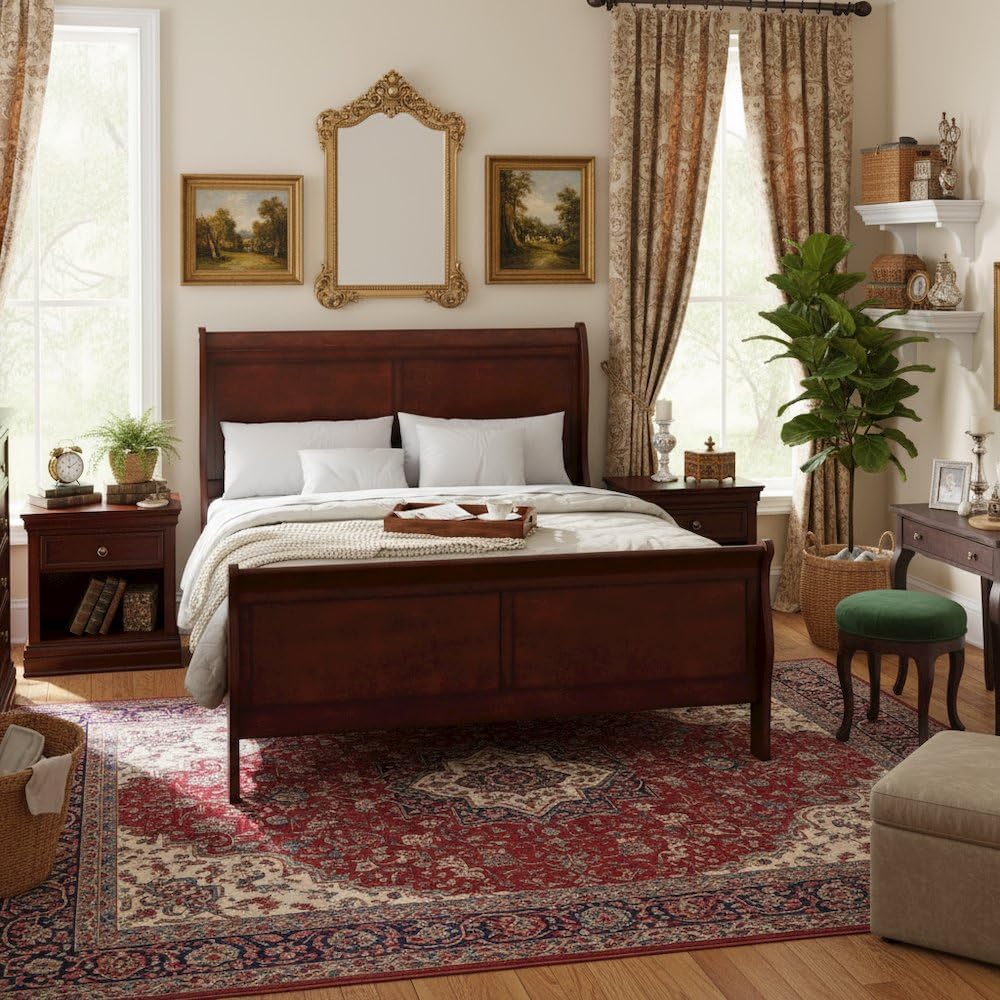 Queen Size Brown Wooden Sleigh Bed Frame