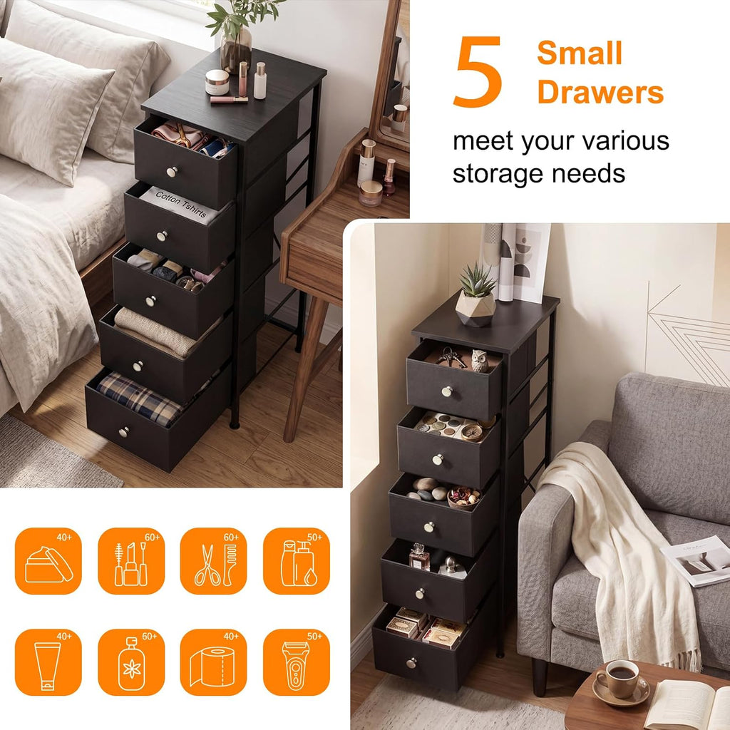 Black 5‑Drawer Slim Dresser