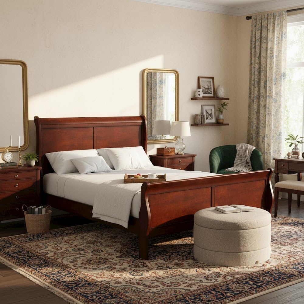 Queen Size Brown Wooden Sleigh Bed Frame