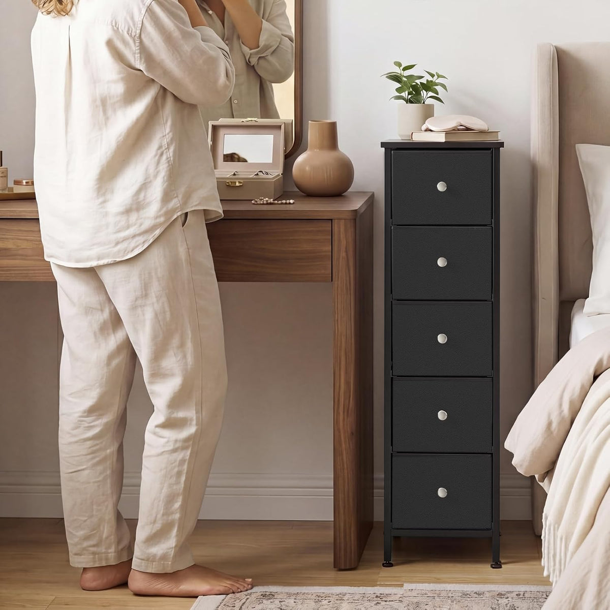 Black 5‑Drawer Slim Dresser