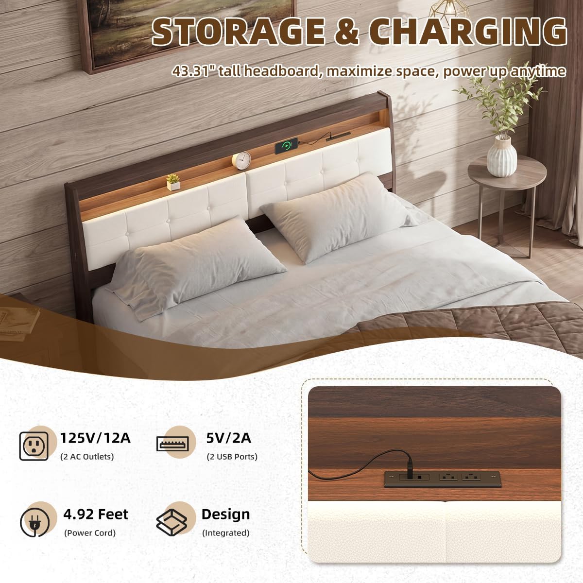 Queen Walnut Storage Wall Mount Headboard