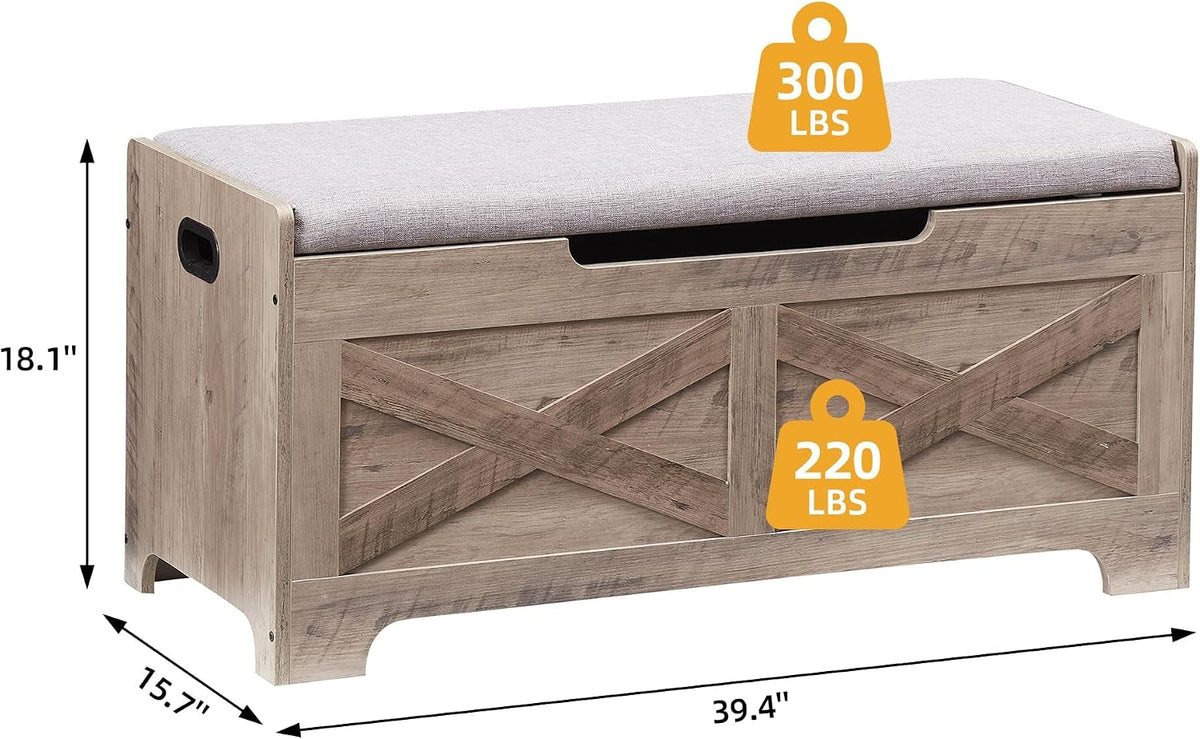 Padded Cushion Wooden Storage Bench Chest