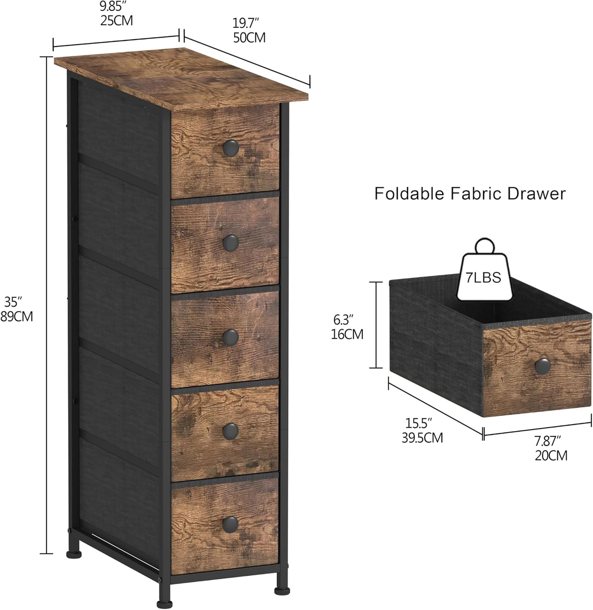 Rustic Brown 5‑Drawer Slim Dresser