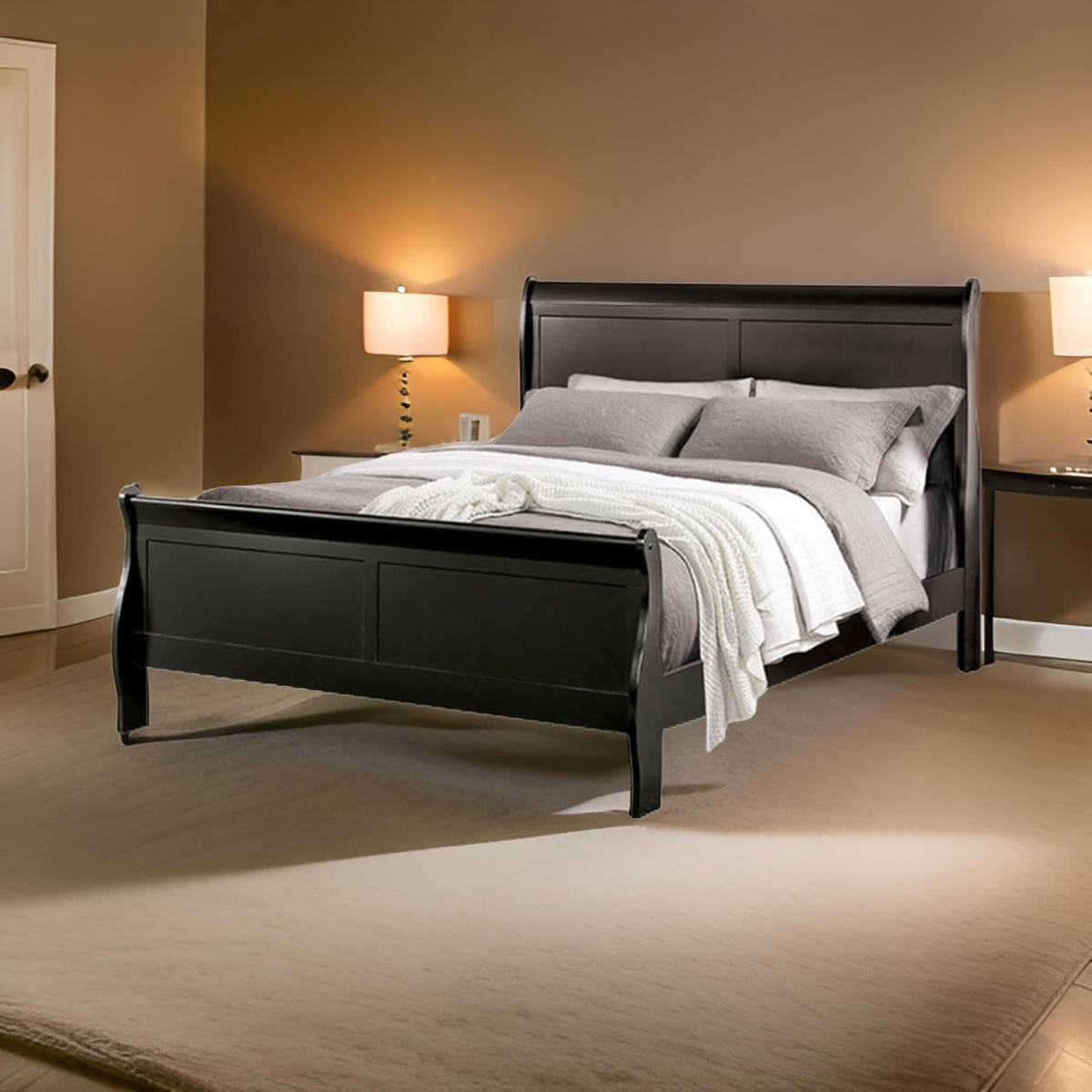 Queen Size Black Solid Wood Sleigh Bed