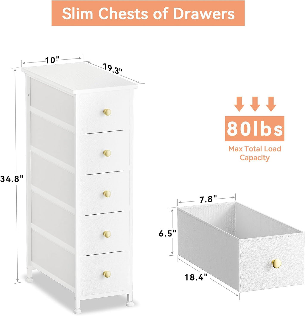 White 5‑Drawer Slim Dresser