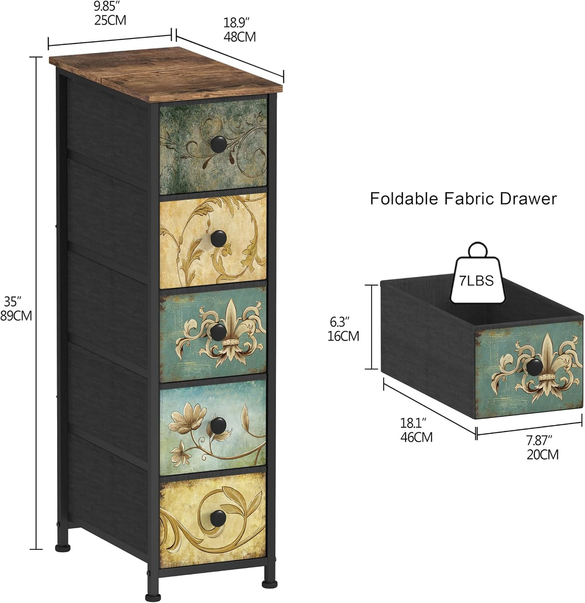Retro Flower 5‑Drawer Slim Dresser