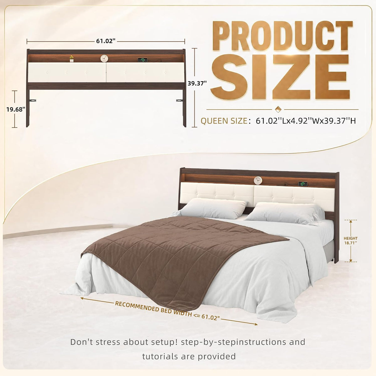 Queen Walnut Storage Wall Mount Headboard