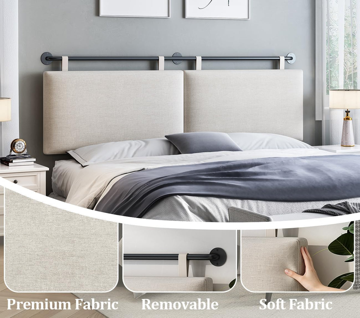 King Beige Linen Wall Mount Headboard