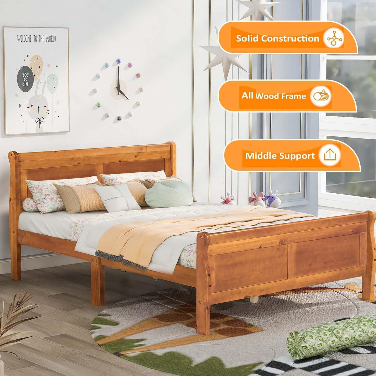 Oak Queen Wood Sleigh Bed Frame With Storage