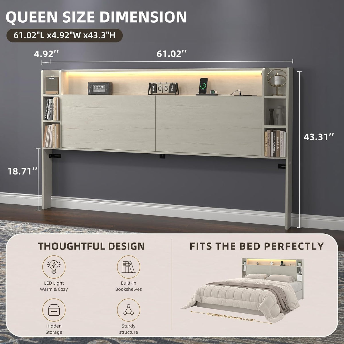 King White Bookcase Storage Headboard