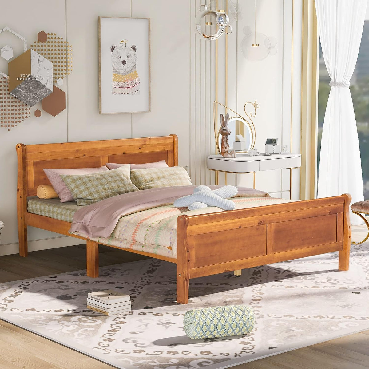 Oak Queen Wood Sleigh Bed Frame With Storage