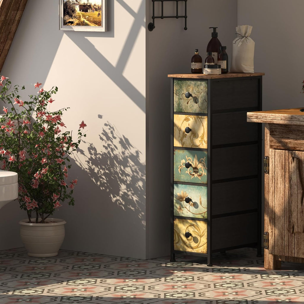 Retro Flower 5‑Drawer Slim Dresser