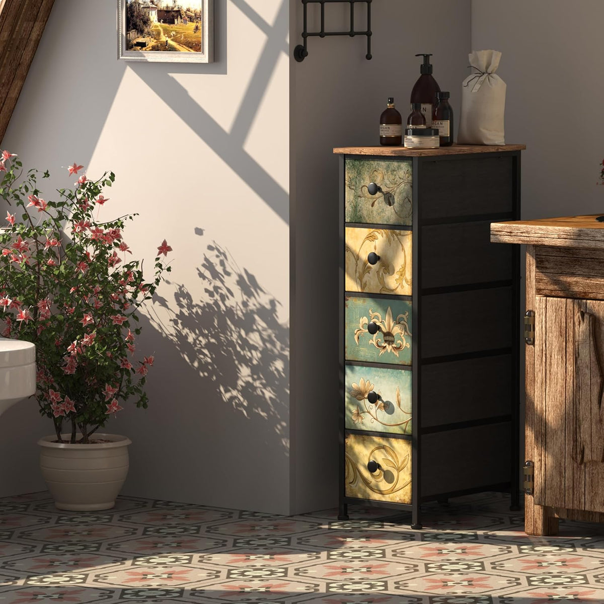 Retro Flower 5‑Drawer Slim Dresser