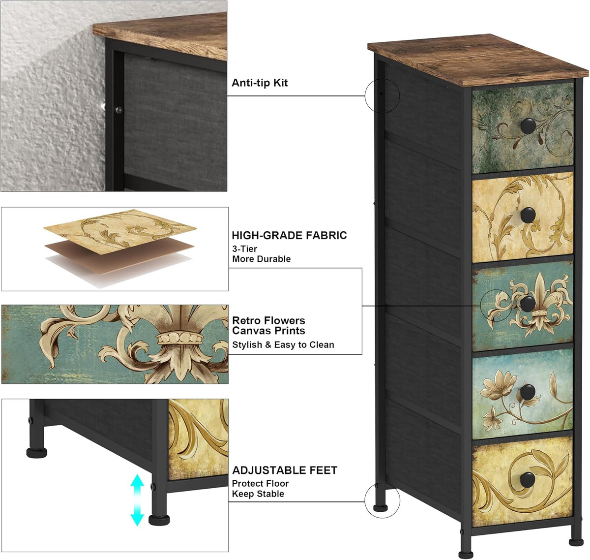 Retro Flower 5‑Drawer Slim Dresser