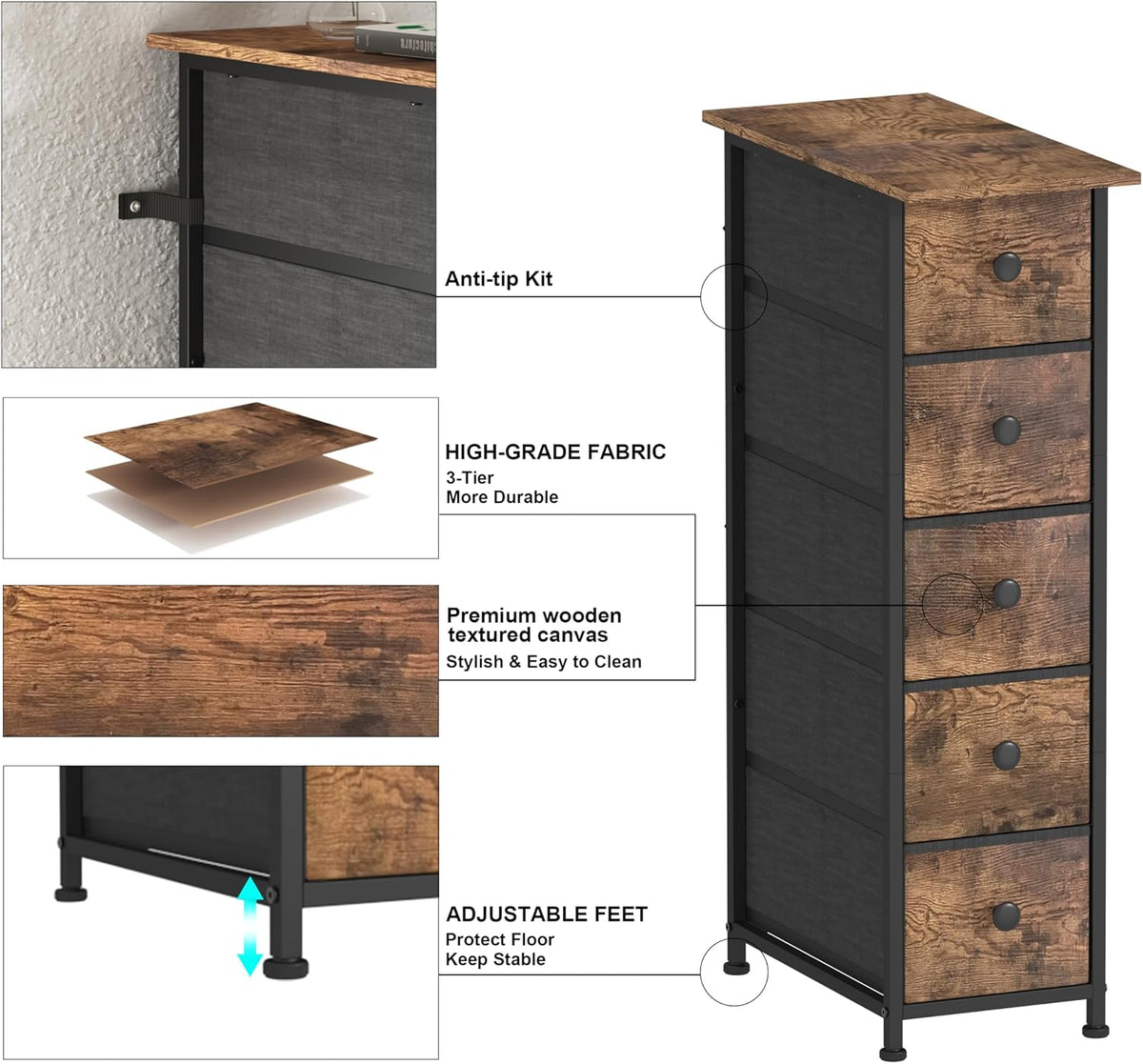 Rustic Brown 5‑Drawer Slim Dresser
