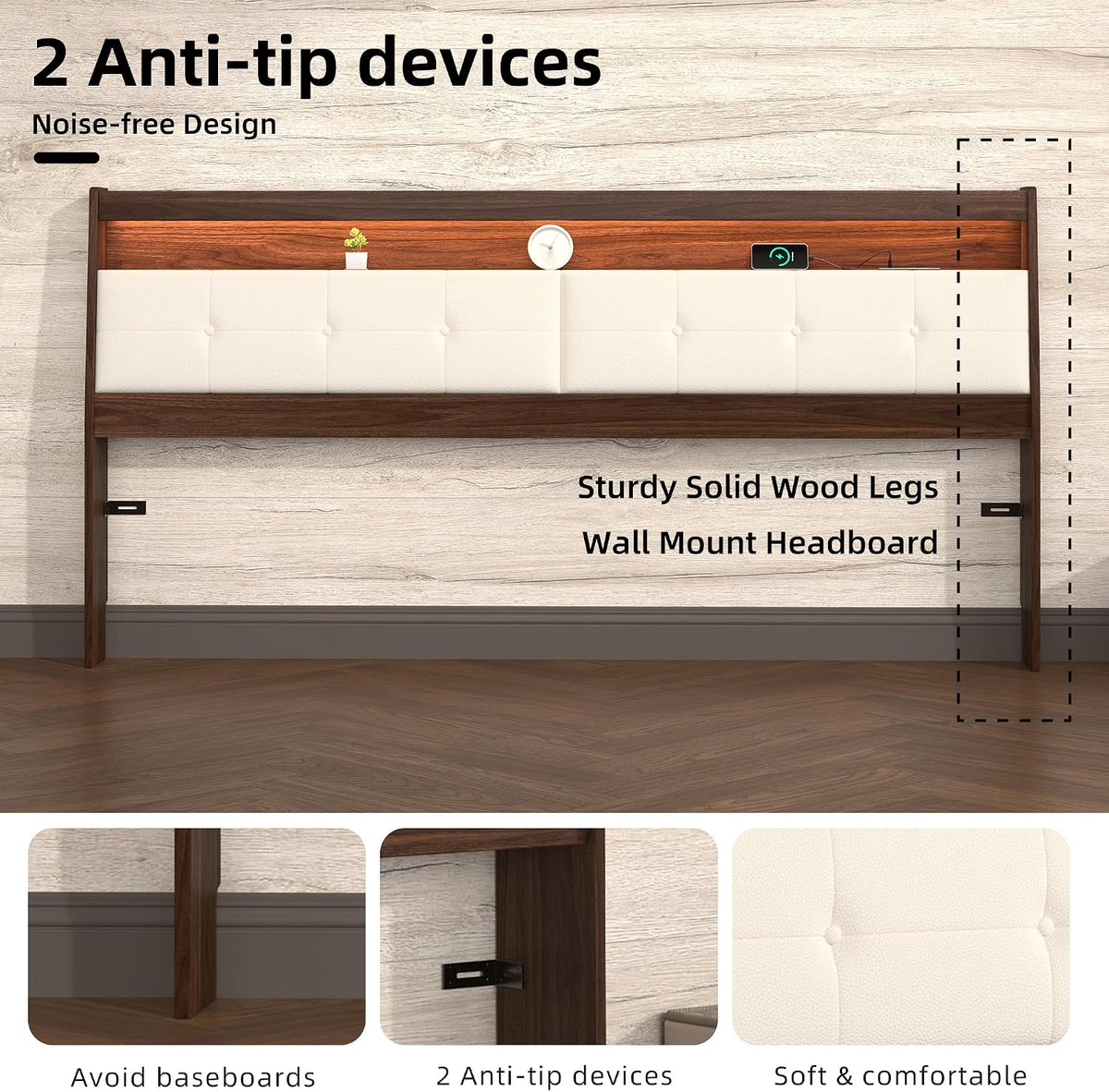 Queen Walnut Storage Wall Mount Headboard