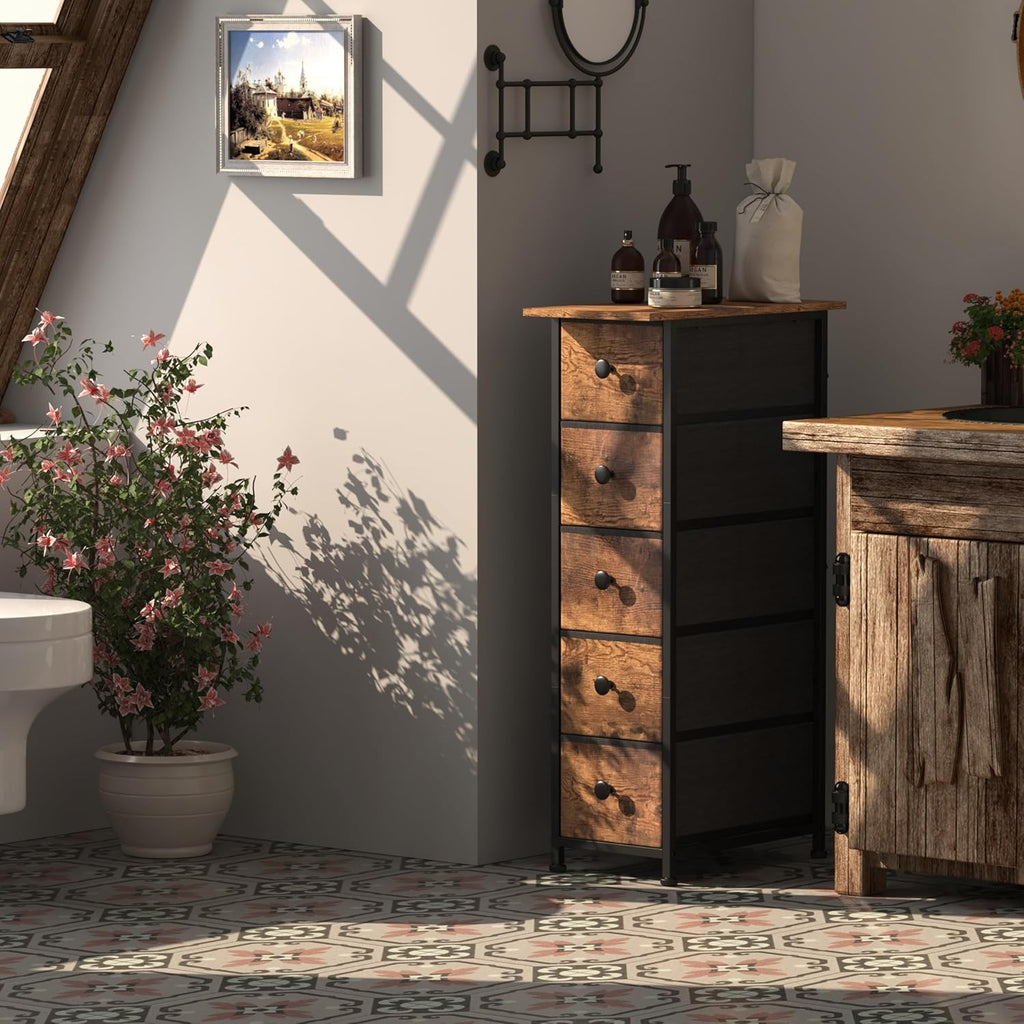Rustic Brown 5‑Drawer Slim Dresser