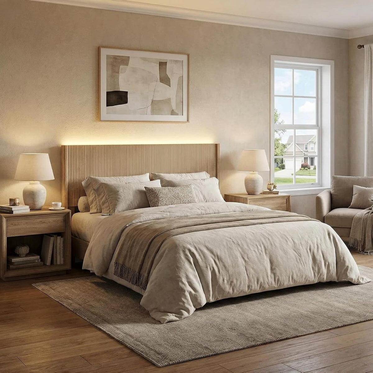 Queen Fluted Wall‑Mounted Headboard With Lighting
