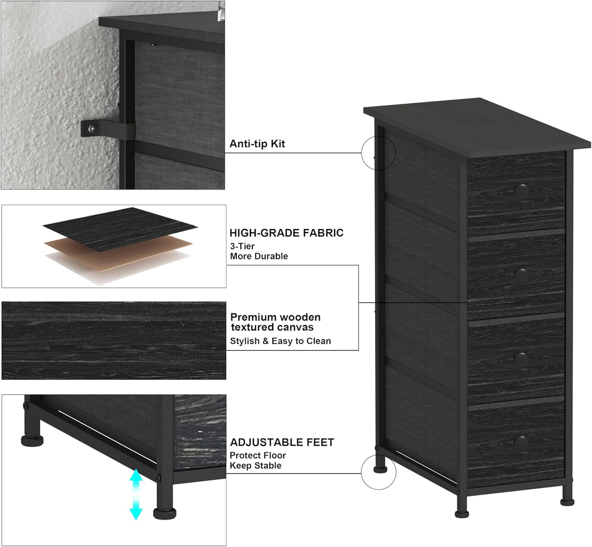 Charcoal Black 4‑Drawer Slim Dresser