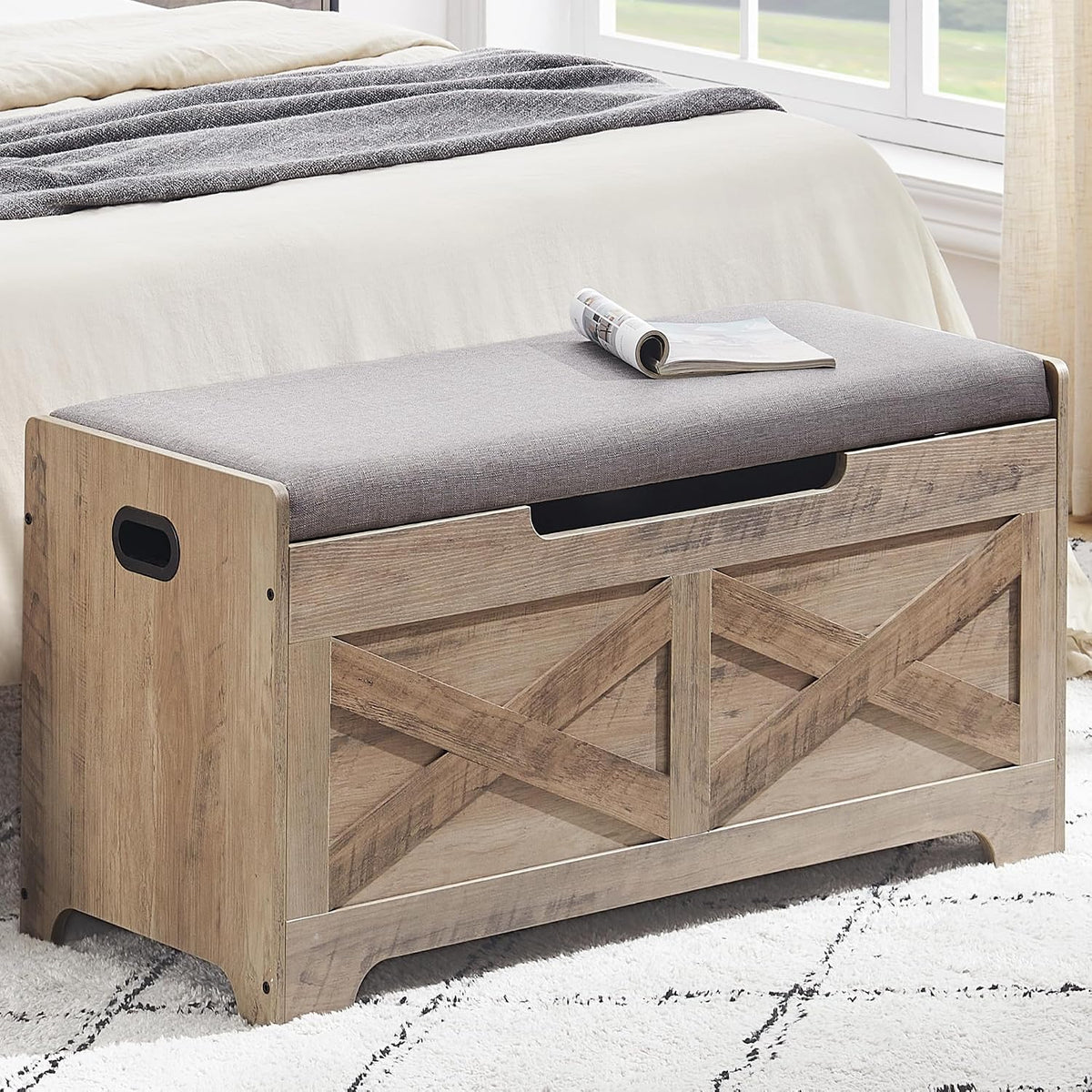 Padded Cushion Wooden Storage Bench Chest