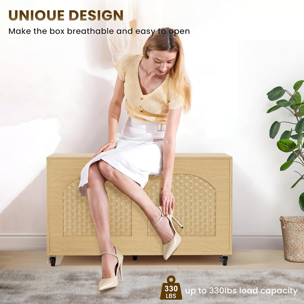 Rattan‑Style Storage Bench Chest with Wheels