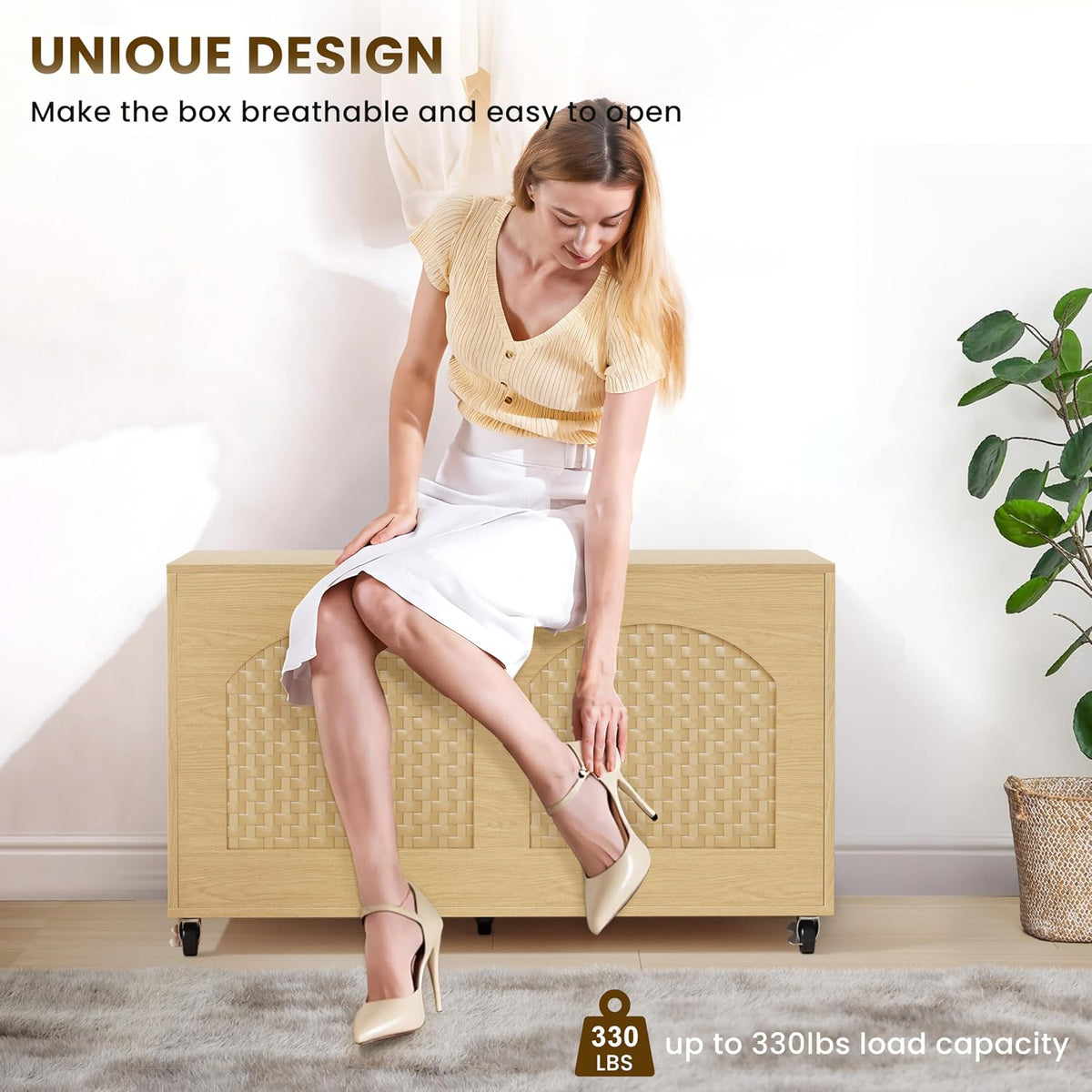 Rattan‑Style Storage Bench Chest with Wheels