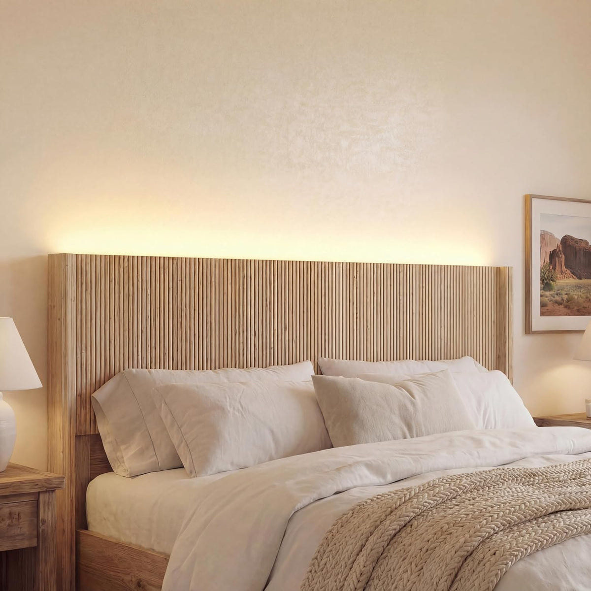 Queen Fluted Wall‑Mounted Headboard With Lighting