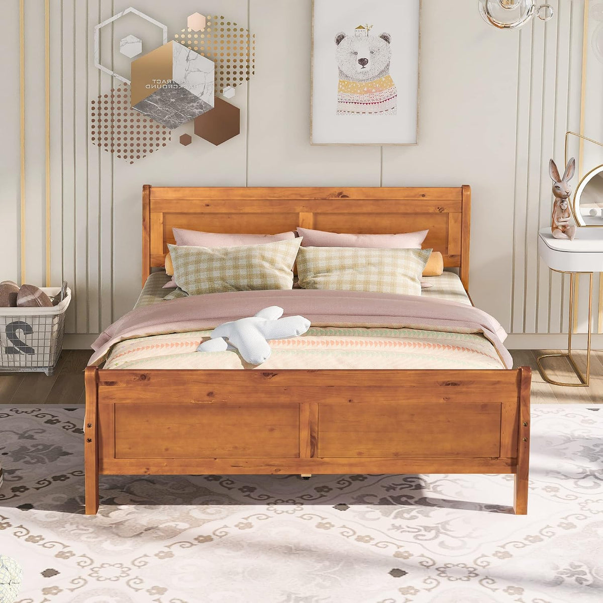 Oak Queen Wood Sleigh Bed Frame With Storage