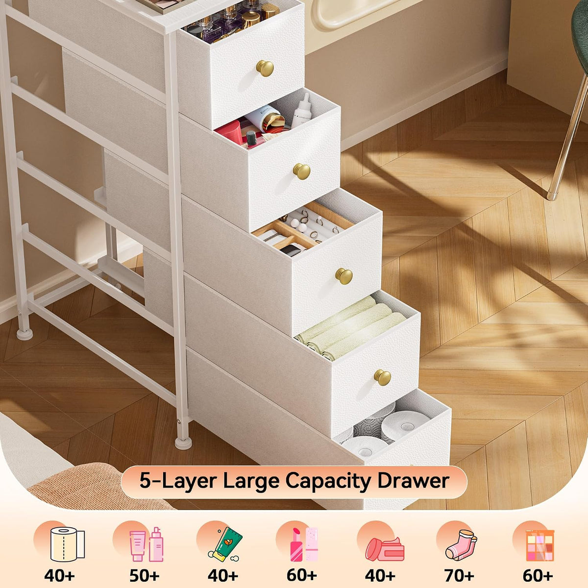White 5‑Drawer Slim Dresser