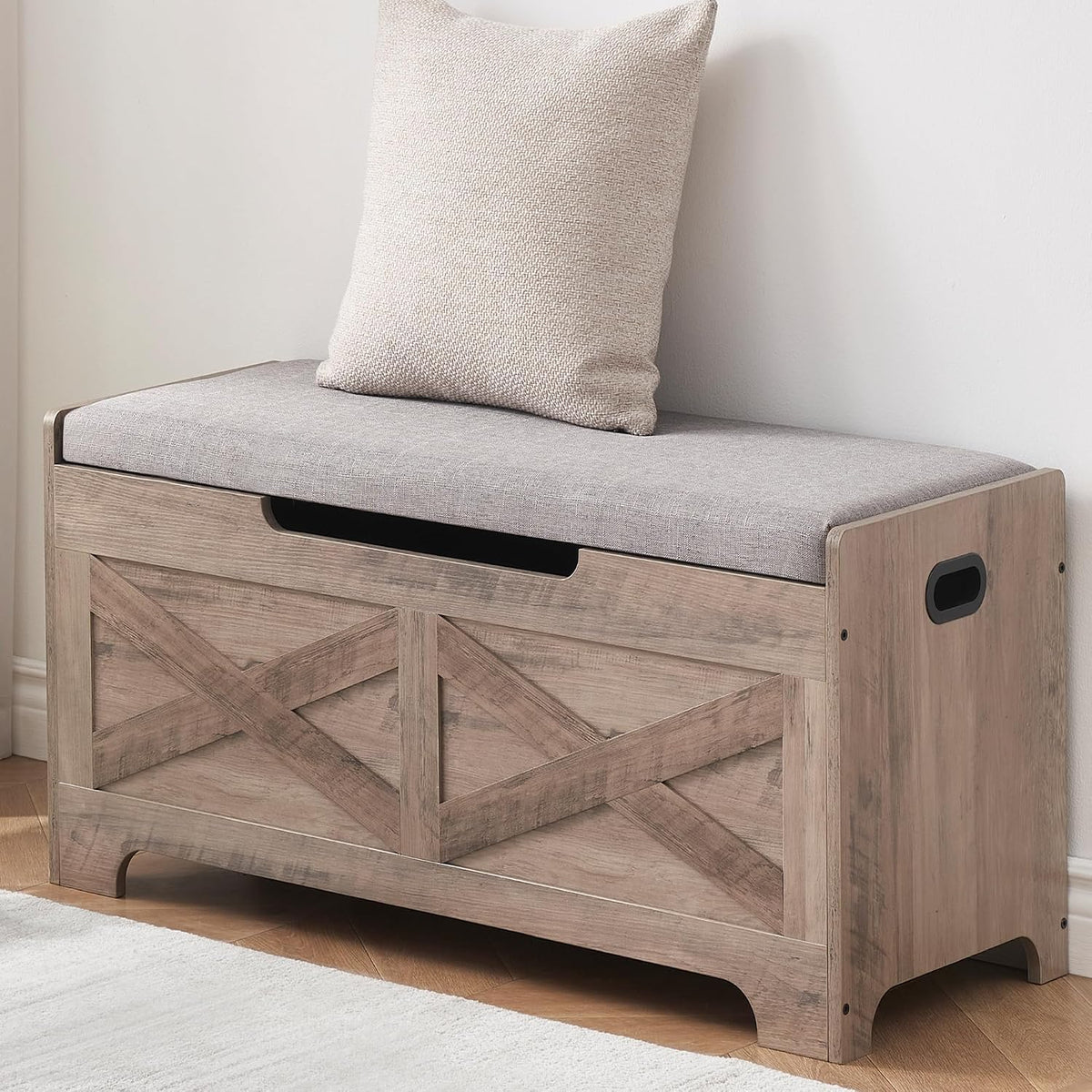 Padded Cushion Wooden Storage Bench Chest
