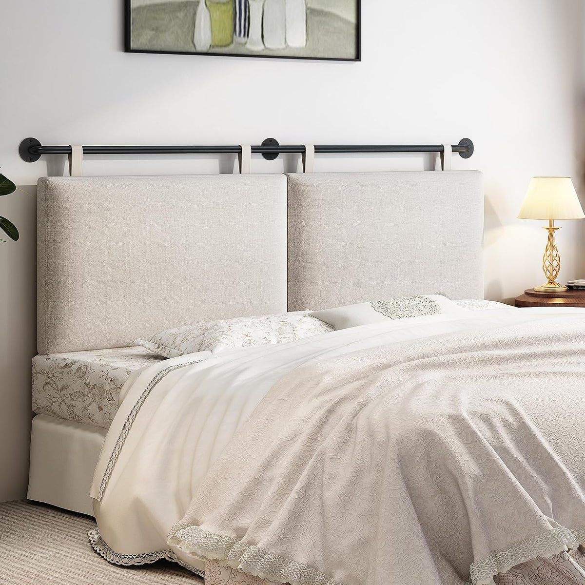 Queen Beige Linen Wall‑Mounted Headboard