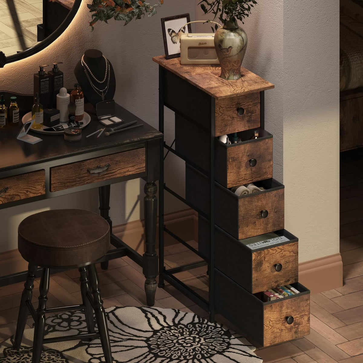 Rustic Brown 5‑Drawer Slim Dresser