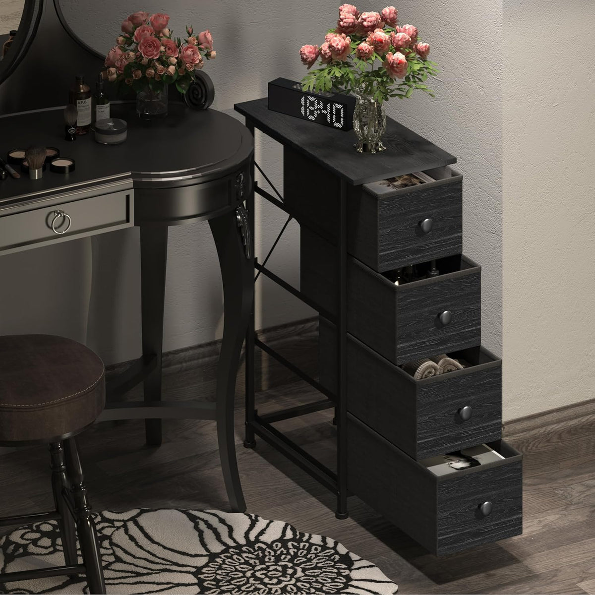 Charcoal Black 4‑Drawer Slim Dresser