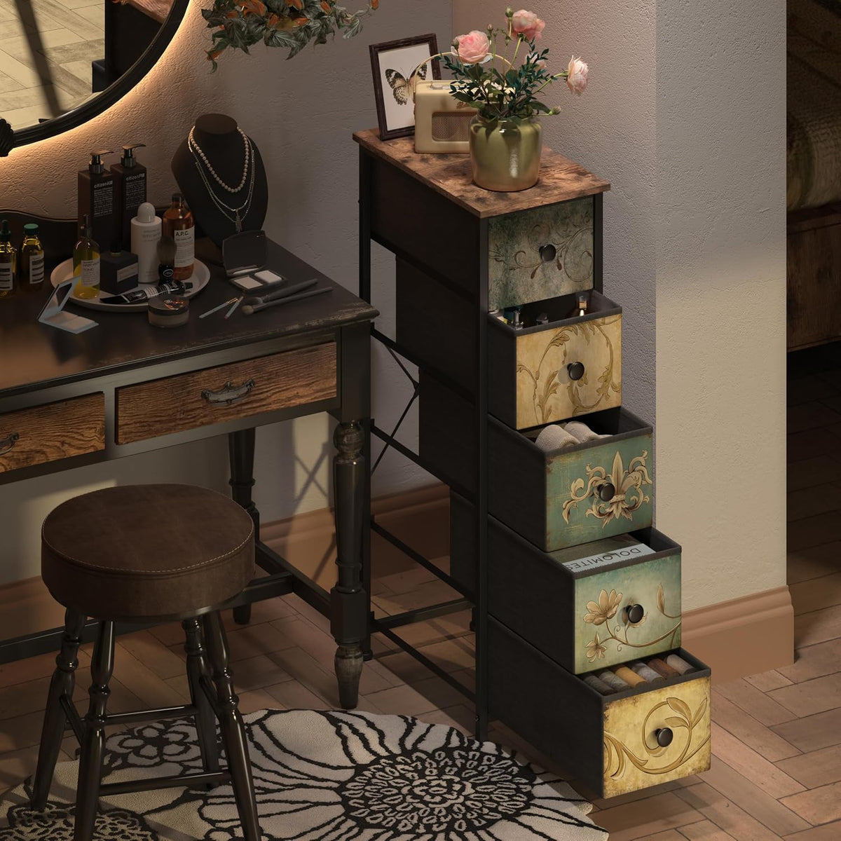 Retro Flower 5‑Drawer Slim Dresser