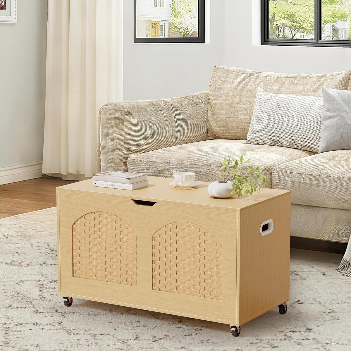 Rattan‑Style Storage Bench Chest with Wheels